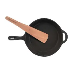 The Indus Valley Pre Seasoned Black Cast Iron Fry Pan with Neem Wood Compact Flipper - Set of 1-10