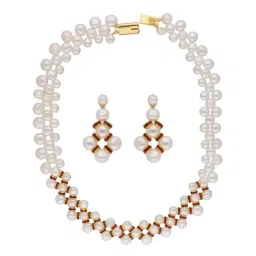 Sri Jagdamba Pearls Golden & White Pearl Necklace Set-36