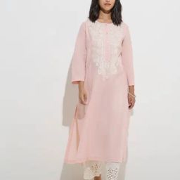 Utsa by Westside Light Pink Floral Embroidered Cotton A-Line Kurta-image-26