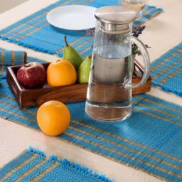 Peepul Tree Handmade Set of 4 Dining Table Mats and 1 Table Runner in Blue image 5