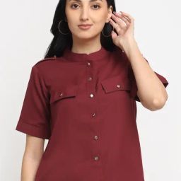 NEUDIS Maroon Mandarin Collar Shirt-image-4