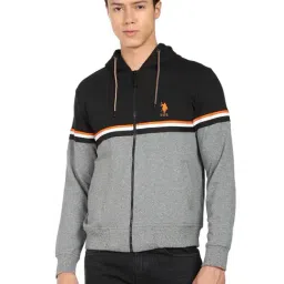 U.S. Polo Assn. Black & Grey Cotton Regular Fit Colour Block Hooded Sweatshirt-picture-12