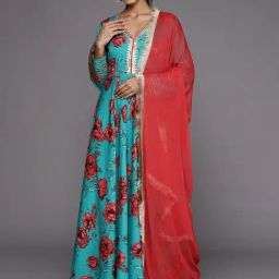 Varanga Turquoise Floral Print Anarkali Kurta With Dupatta-picture-7