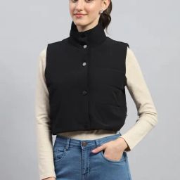 Rock.it by Monte Carlo Women Solid Regular Fit Mock Neck Sleeveless Jacket With Button Closure-picture-0