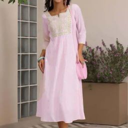 Libas Pink Cotton Embroidered A-Line Dress-image-90