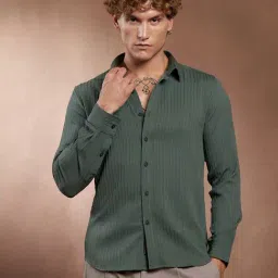 Campus Sutra Emerald Green Pinstripe-Tactile Shirt-picture-9