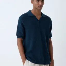 ETA by Westside Dark Teal Knit-Textured Relaxed-Fit Cotton Polo T-Shirt-picture-34