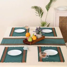 Peepul Tree Teal Madur Grass Handmade Dining Table Mats & Table Runner - Set of 5-15