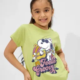 The Souled Store Girls Green Peanuts Groovy Vibes Girls Cotton T-Shirt-image-24