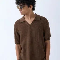 ETA by Westside Brown Knit-Textured Relaxed-Fit Cotton Polo T-Shirt-picture-27