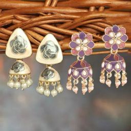 Zaveri Pearls Set of 2 Multicolor Floral Enamel Beads & Kundan Traditional Jhumki Earring-ZPFK16855-8
