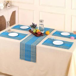 Peepul Tree Handmade Set of 4 Dining Table Mats and 1 Table Runner in Blue image 3