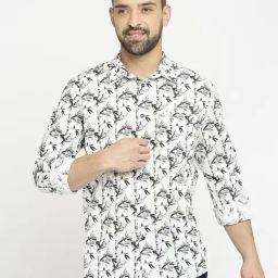 Basics Dark Grey Cotton Slim Fit Printed Shirt-image-81