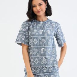 Elle Blue Relaxed Fit Embroidery Tops-image-10