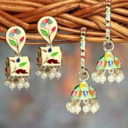 Zaveri Pearls Set of 2 Multicolor Enamel Beads & Kundan Traditional Jhumki Earring-ZPFK16858-16