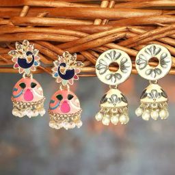 Zaveri Pearls Set of 2 Multicolor Enamel & Kundan Traditional Jhumki Earring-ZPFK16857-5