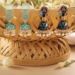 Zaveri Pearls Set of 2 Multicolor Enamel Beads & Kundan Traditional Jhumki Earring-ZPFK16856-0