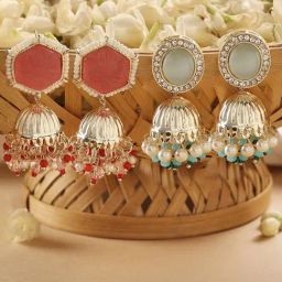 Zaveri Pearls Set of 2 Turquoise Blue & Peach Stones & Beads Traditional Jhumki Earring-ZPFK16848-21