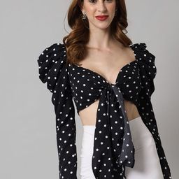 TANDUL Polka Dots Printed Tie-Up Neck Puff Sleeves Crepe Crop Bralette Top-picture-3