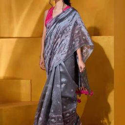 Taneira Grey Embroidered Saree With Unstitched Blouse-picture-27