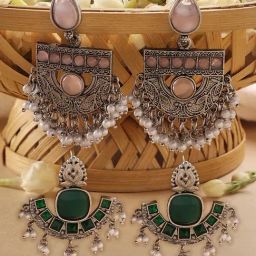 Zaveri Pearls Set of 2 Green & Pink Silver Stones & Beads Traditional Dangler Earring-ZPFK16846-18