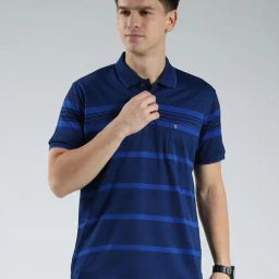 Luxuria Navy Blue Cotton Regular Fit Striped T-Shirt-picture-15