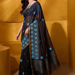 Taneira Black Embroidered Saree With Unstitched Blouse-image-9