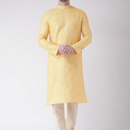 DEYANN Men Yellow & White Woven Design Straight Kurta-image-14