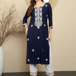 Indo Era Navy Blue Embroidered Straight Kurta-image-18