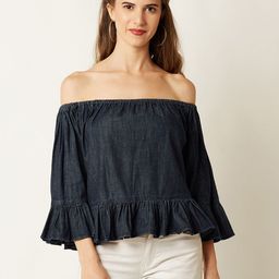 Miss Chase Women Navy Blue Denim Bardot Top-image-16