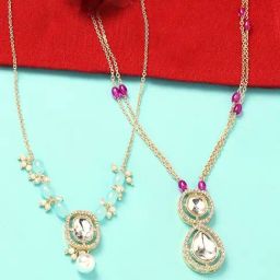 Zaveri Pearls Set Of 2 Turquoise Blue & Purple Austrian Diamonds & Beads Embellished Necklace Set-ZPFK16838-59