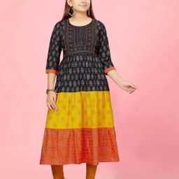 Aarika Kids Navy & Mustard Cotton Embroidered Kurti Set-image-14