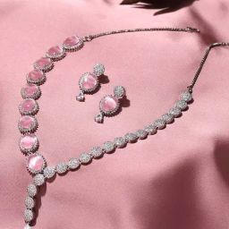 Voylla CZ Silver Plated Pearl Brass Necklace Set with Pink Stone-image-70