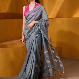 Taneira Grey Embroidered Saree With Unstitched Blouse-image-8