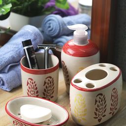 VarEesha Red & White Set Of 4 Paisley Printed Ceramic Bath Accessories-3