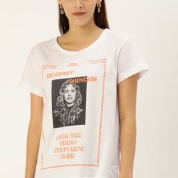Flying Machine Women White Printed Round Neck Pure Cotton T-shirt-picture-41