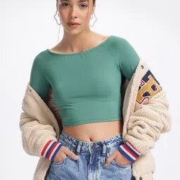 glitchez Bubbly Basics Self-Design Boat Neck Fitted Crop Top-image-25