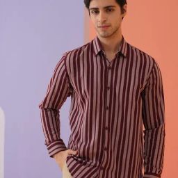 Indian Needle Maroon Regular fit Striped Shirt-image-80