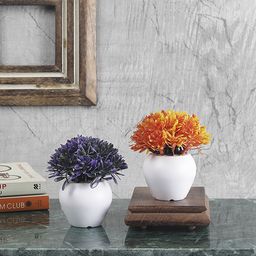 FOLIYAJ Set of 2 Purple & Orange Artificial Mini Bushes Plants With White Apple Shaped Pots-19