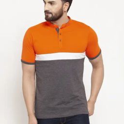 Kalt Men Half Sleeves Mandarin Collar Cotton Blend Stripe T-shirt-image-81