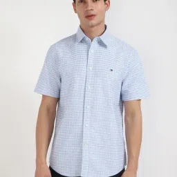 Tommy Hilfiger Cloudy Blue Cotton Regular Fit Checks Shirt-image-46