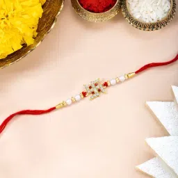 Peora Golden Crystal & Beads Studded Swastik Rakhi for Brother Bhaiya with Roli Chawal Greeting Card-picture-4