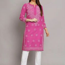 PARAMOUNT CHIKAN Magenta Pink Cotton Hand Embroidered Chikankari Straight Kurta-picture-33
