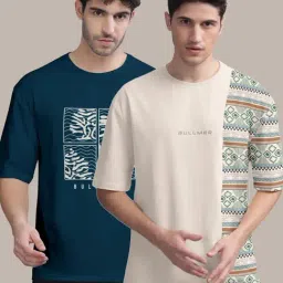 Bullmer Beige & Petrol Blue Cotton Oversized Fit Printed T-Shirt - Pack Of 2-image-76