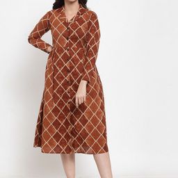 Indibelle Women Brown Checked A-Line Dress-picture-36