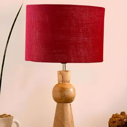 Devansh Maroon & Brown Cylindrical Shaped Wooden Table Lamp-17