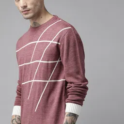 The Roadster Lifestyle Co. Men Mauve & White Striped Pullover-picture-2