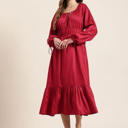 HERE&NOW Tie-Up Neck Raglan Puffed Sleeve A-Line Midi Dress-image-92