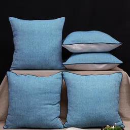 ANWYN Blue & White-5 Pcs Self Design Textured Cotton Square Cushion Covers-picture-4