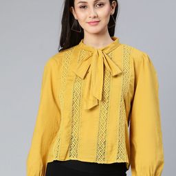 Oxolloxo  Women Pure cotton Mustard Yellow Tie-Up Neck Top-image-92